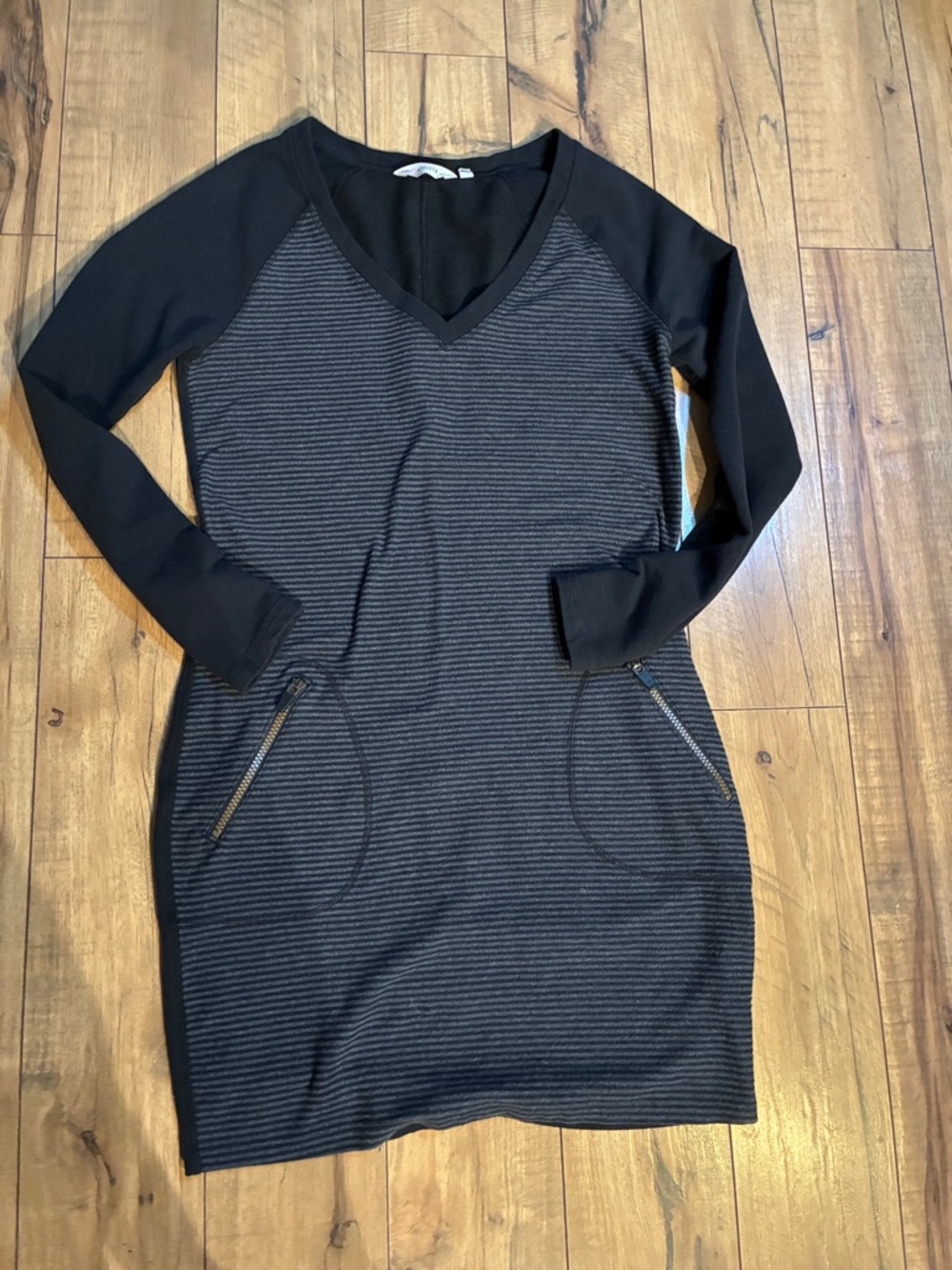 Athleta Black Striped Long Sleeve V‑Neck Dress
